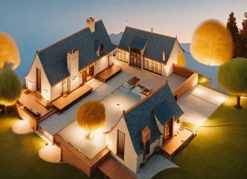 glass bricks tiles garden trees pool wood park landscape sunlight blue sky night view Spotlights night view summer manoir villa,this house is lit up and shows the exterior of the home,3d rendering,3d 