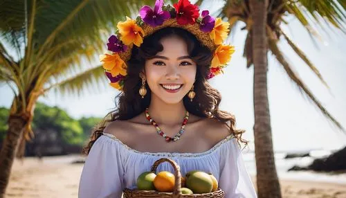 Anime girl, El Salvador traditional clothing, colorful embroidery, bright smile, big brown eyes, long curly dark hair, flower crown, vibrant makeup, tropical fruit basket, palm trees, beachside, sunny