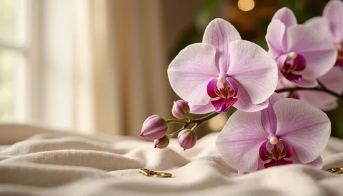 Delicate orchid flowers, soft pastel hues, elegant petals, subtle shine, velvety texture, luxurious fabrics, sophisticated interior design, refined color palette, harmonious contrast, creamy whites, r