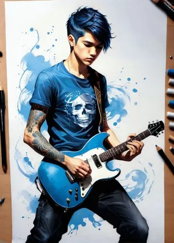 painted guitar,blue painting,guitarist,electric guitar,watercolor blue,guitar,the guitar,2d,blue hair,guitar player,playing the guitar,bluejay,punk,bass guitar,coloring outline,bluejeans,guitor,blue color,punk design,painter,Conceptual Art,Fantasy,Fantasy 03