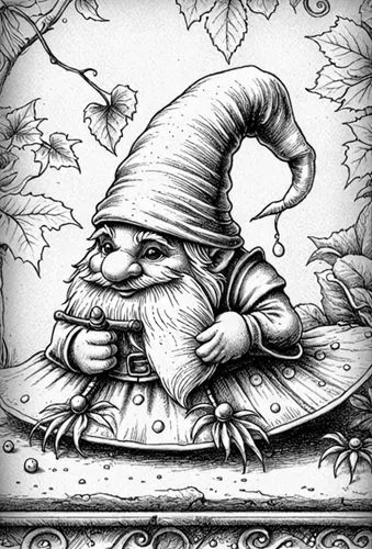 : Design Sketch-Rough Outline ,an illustration of a cartoon gnome holding a leaf,woodring,diterlizzi,tenniel,gnome,garden gnome,gnomish,Design Sketch,Design Sketch,Detailed Outline