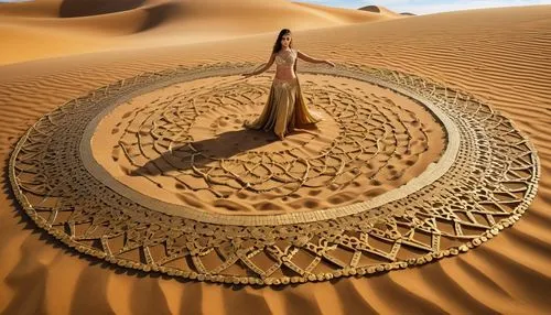 A giant golden number "94" made of gold belly dance coin beads embroidered in geometrical shapes on sand color tulles, in the middle of the desert, rendered in the style of a blender, high-resolution 