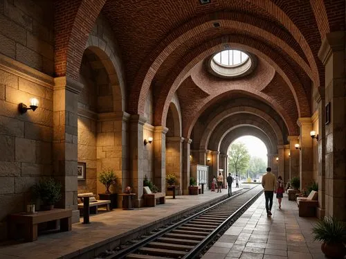 Rustic metro station, archaic stone walls, robust brick columns, ornate vaulted ceilings, grandiose entrance halls, intricately carved stonework, medieval-inspired furnishings, warm earthy tones, soft