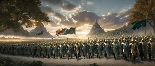 A photo realistic scene of the majestic armies of the elven mighty realm in golden armor and with silvered green shields and elfic cloaks moving forward marching in vast massive numbers in ordered row