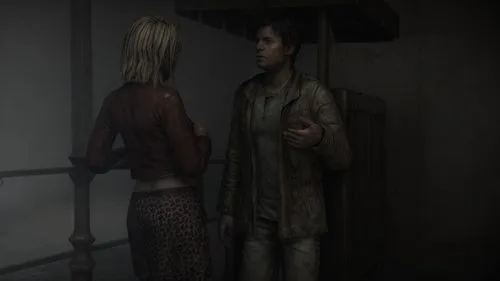 SILENT HILL 2 fog unreal engine 5 graphics,hands holding,elevator,kojima,romantic meeting,see-through clothing,marco,hand in hand,interrogation,into each other,interrogation point,pda,psp,holding hand