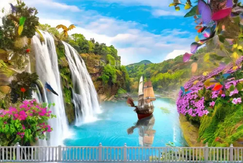 Water pours from a waterfall into the river, the wind stirs the flowers, a ship sails along the river,a boat is floating on water near a waterfall,cartoon video game background,landscape background,fa