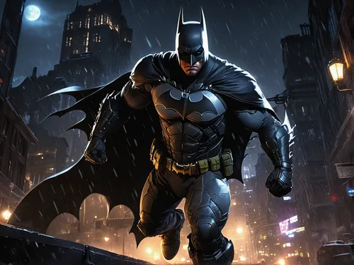 Batman, Season of Infamy, Arkham Knight, muscular pose, dark cape, armored Batsuit, intense eyes, scowl, utility belt, Bat emblem on chest, gauntlets, combat boots, dynamic action, grappling, Gotham C