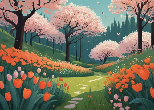 springtime background,spring background,blooming field,spring blossoms,japanese sakura background,tulip field,sakura trees,tulips field,spring morning,springtime,spring bloom,wild tulips,spring blossom,flower painting,spring nature,blooming trees,spring meadow,tulip festival,spring,sakura background,Illustration,Vector,Vector 05