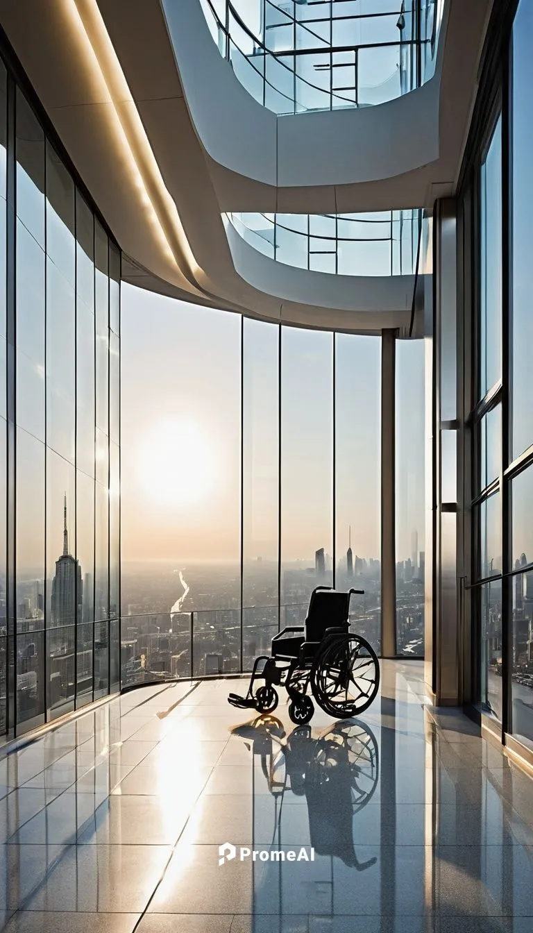 Accessible futuristic skyscraper, wheelchair ramp, elevator, Braille signage, audio guidance system, wide doors, automatic sliding doors, grab bars, lowered counters, adaptive technology, sleek metall