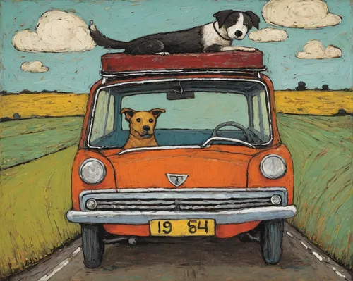 basset artésien normand,flying dogs,trabant,dog parking,dog illustration,hound dogs,campervan,jack russel,smooth collie,dog frame,dog street,roadtrip,beagle,camper van,whimsical animals,two dogs,road trip,taxi,bull and terrier,vwbus,Art,Artistic Painting,Artistic Painting 49