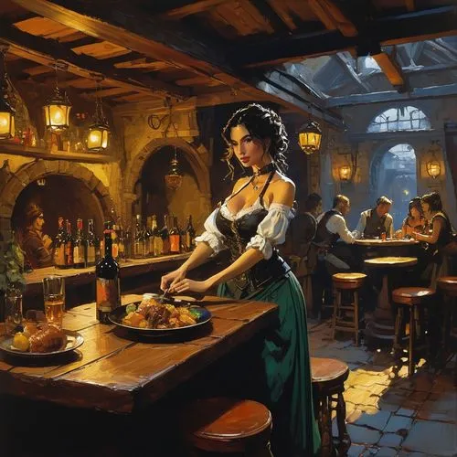 tavern,hildebrandt,barmaid,innkeeper,bartender,belle,girl in the kitchen,troubadour,pub,woman at cafe,troubador,taverns,barkeep,wine tavern,trattoria,trattorias,barkeeper,tableside,barranger,rathskeller,Conceptual Art,Sci-Fi,Sci-Fi 01