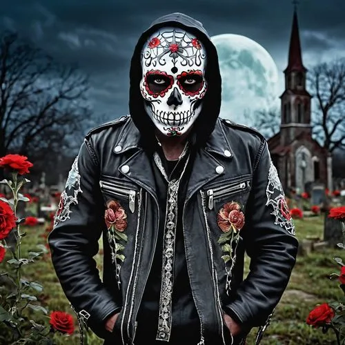 "Tough, bold, mysterious, gothic, sugar skull, decorated with colorful flowers, vines, and spider webs, glowing red eyes, metallic silver teeth, bandana, leather jacket, ripped denim jeans, heavy comb