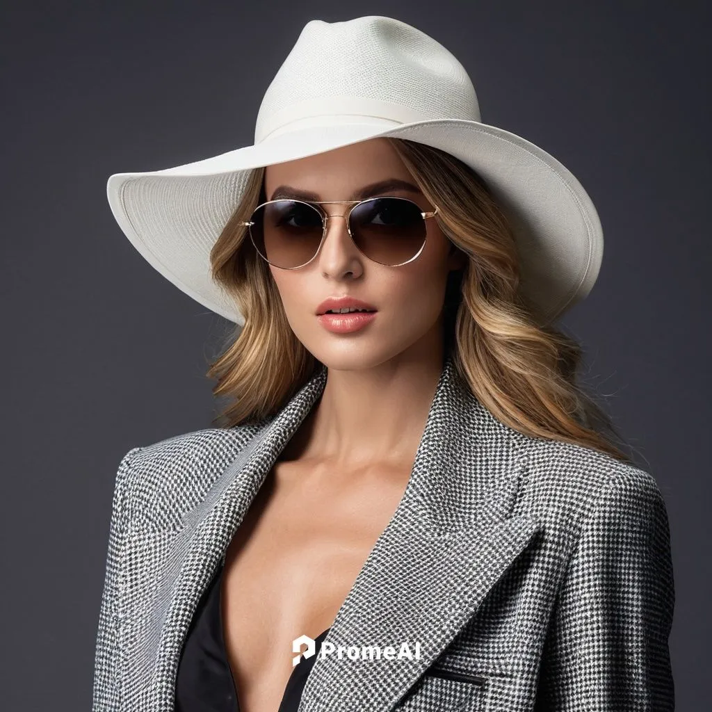 Retrato cerrado de una joven hermosa mujer de moda con gafas de sol. Señora posando sobre fondo gris oscuro. Modelo con elegante sombrero de ala ancha, chaqueta. Chica mirando la cámara. Moda 4700 × 3