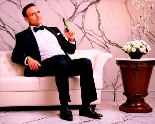 Luxurious mansion, wealthy businessman, 40yo, confident smile, gold Rolex, black tuxedo, white shirt, black bow tie, cigar in mouth, sitting on leather sofa, expensive vase, crystal chandelier, marble