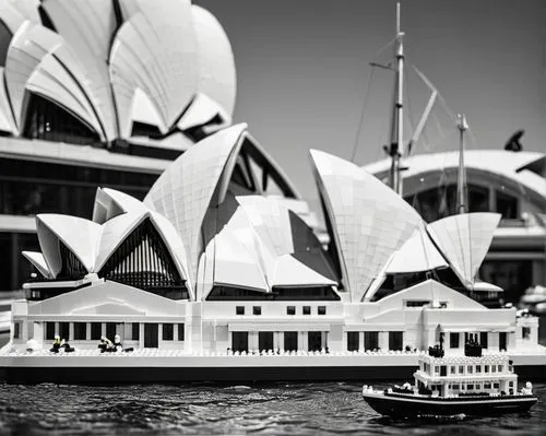 Sydney Opera House, iconic building, LEGO bricks, white tiles, arches, roofs, stairs, pillars, harbor waterfront, sunny day, blue sky, sailboats, seagulls flying, vibrant cityscape, busy street, peopl