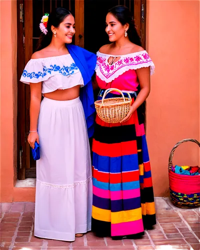 Traditional Mexican ladies, Guanajuato style, colorful embroidered blouses, long skirts, woven baskets, vibrant shawls, silver jewelry, warm smiles, gentle gazes, standing together, arms around each o