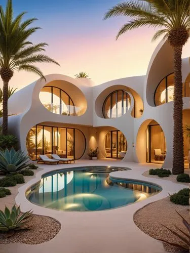 Design a breathtaking 3D architectural villa nestled in a surreal desert oasis. Imagine an intricate glass and crystal structure emerging from the sandy dunes, catching and refracting the sunlight. Th