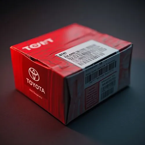 medium size box of the company toyota. the box is red and white colored lines and has the logo of toyota company in the upper in the upper left corner on it which is white bold word "TOYOTA" and is on