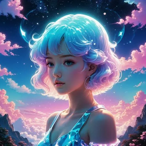 fairy galaxy,sky rose,celestial,aurora,fantasy portrait,meteora,luminous,sky,star sky,andromeda,aura,azure,lunar,mystical portrait of a girl,galaxy,starlight,falling stars,zodiac sign libra,astral traveler,night sky