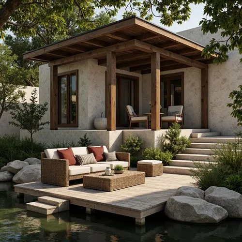 pool house,summer cottage,summer house,outdoor furniture,landscaped,landscape design sydney,house by the water,zen garden,3d rendering,holiday villa,cabana,dunes house,summerhouse,japanese garden ornament,grass roof,beautiful home,landscape designers sydney,bungalows,garden design sydney,seclude