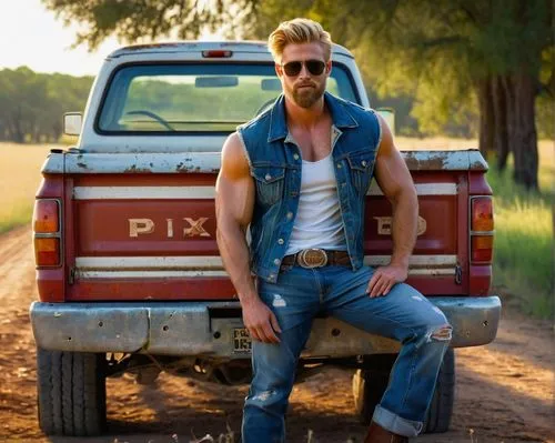 Pixar style, Big D Randy, muscular man, 30s, blonde hair, messy beard, sunglasses, sleeveless denim jacket, white tank top, ripped blue jeans, cowboy boots, confident posture, leaning against a rusty 