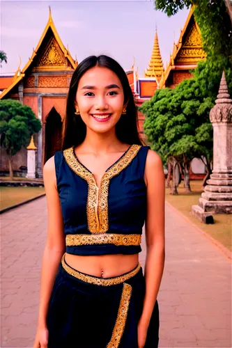 Thailand girl, traditional dress, golden accessories, dark hair, warm smile, bright eyes, smooth skin, gentle posture, standing, Ayutthaya palace background, warm sunlight, soft focus, cinematic compo