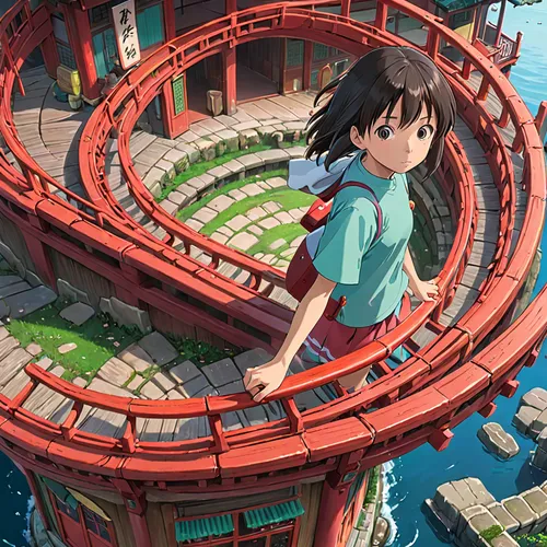 amusement park,studio ghibli,torii,amusement ride,anime 3d,sanya,girl on the stairs,2d,flying girl,shirakami-sanchi,noodle image,tsukemono,spiral staircase,ferris wheel,aonori,kinara,spiral background,play tower,asia,victory gate,Anime,Anime,General