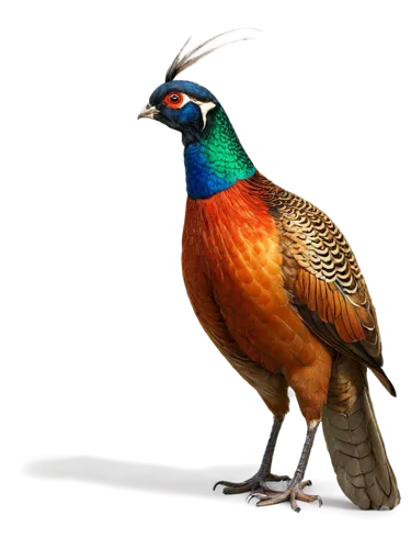 Male pheasant, vibrant plumage, iridescent feathers, green head, red wattle, golden brown body, long tail, standing, proud posture, detailed eyes, soft sunlight, 3/4 composition, shallow depth of fiel