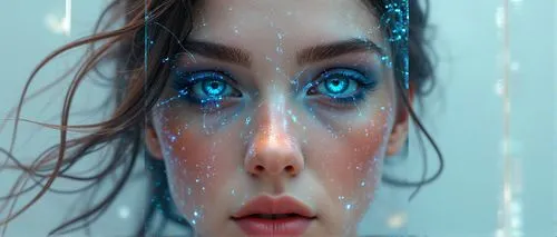 a woman with blue eyes covered in bubbles,blue rain,immersed,underwater background,angel's tears,acqua,hydrophobia,Photography,Artistic Photography,Artistic Photography 02