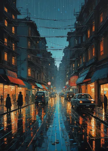 rainy,light rain,walking in the rain,rains,rainy day,rainstorm,blue rain,evening atmosphere,umbrellas,rain,night scene,golden rain,hanoi,world digital painting,in the rain,heavy rain,cityscape,rainy weather,boulevard,after rain,Illustration,Realistic Fantasy,Realistic Fantasy 12