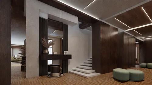 the lobby features a marble and wood floor, stone steps, and circular stools,3d rendering,interior modern design,penthouses,hallway space,render,associati