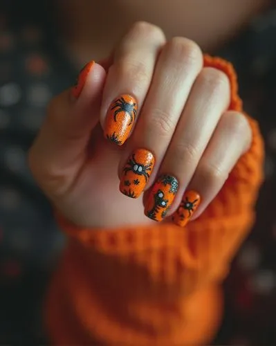 Nils Design, hallowen nails,
Halloween manicure with pumpkins, spiders on the hand of a young woman




















,orange nail with flowers on it and an orange sweater,carrot print,ladybugs,pump