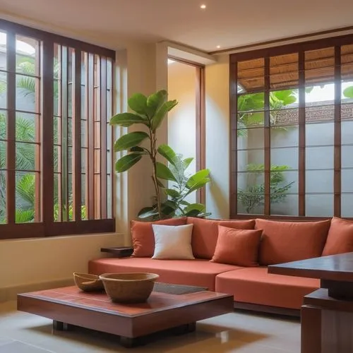 Create similar images with part double heights and part bali style courtyards with entrance foyer looking into an internal courtyard on the first floor and an external courtyard with an artistic frang