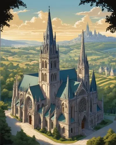 gothic church,cathedral,steeples,nidaros cathedral,church painting,edensor,archbishopric,spires,churches,ecclesia,church faith,archabbey,neogothic,reichstadt,adelaar,hohenzollerns,cathedrals,schuitema,black church,sylvania,Illustration,Japanese style,Japanese Style 07