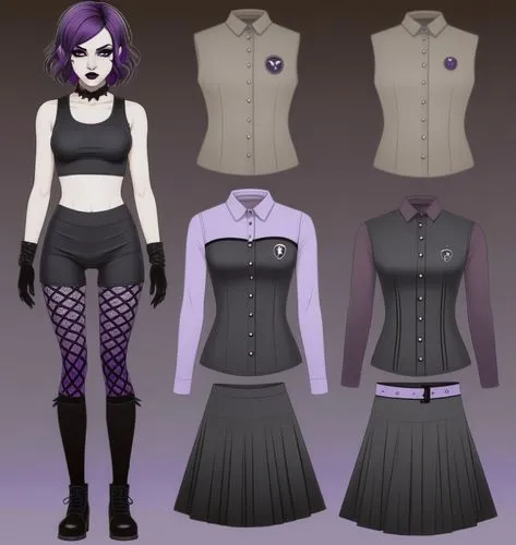 Paper doll 2d cartoon goth purple haired girl in black sleeveless shirt , black spandex shorts, complete full length fishnet and black goth knee Boots, standing surrounded by with a set of goth fashio