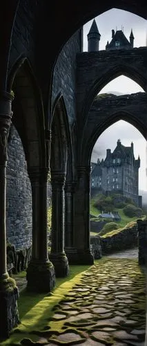 Historic Scottish castle, grand hall, intricate stone carvings, Gothic arches, stained glass windows, majestic towers, rugged stone walls, moss-covered roofs, serene misty morning, Eilean Donan Castle