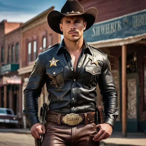 an insanely handsome muscular  sheriff, he has a southern accent, 25 years old wearing leather pants and leather shirt, with a large belt buckle in the shape of a sheriff badge that says sheriff on it