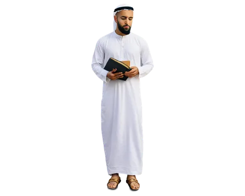 Arabic man, bearded, white thawb, golden trim, intricate patterns, brown sandals, prayer beads, right hand on heart, left hand holding Quran, serene face, soft focus, warm lighting, shallow depth of f