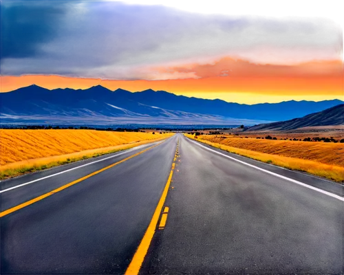 Highway, sunset, straight road, asphalt texture, yellow centerline, cars speeding by, distant mountains, orange sky, clouds with golden edges, warm lighting, shallow depth of field, 3/4 composition, c