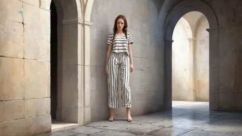 classicism painting: inside old prison hallway, bars, standing on stone floor,vionnet,maxmara,allude,a floor-length dress,rykiel,tonghe,ghesquiere,girl in a long dress,thakoon,womenswear,tahiliani,cul