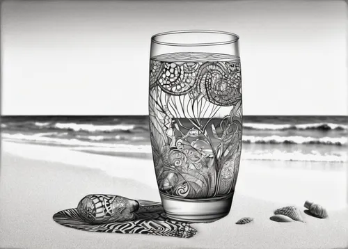 Depict the emptiness of a forgotten beach with an empty glass left behind.,sand timer,water glass,sandglass,message in a bottle,mosaic glass,tea glass,slug glass,sand art,beach shell,glass cup,highbal