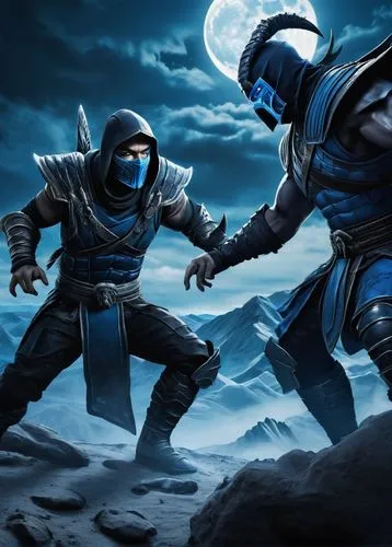 Wallpaper, Scorpion vs Sub-Zero, dark fantasy, epic battle scene, desert landscape, full moon, dramatic clouds, ominous sky, ancient ruins, mysterious artifacts, intricate stone carvings, Scorpion's i