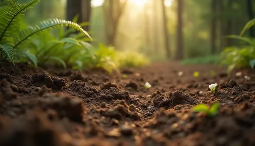 Earthy mud material, natural texture, organic patterns, rough uneven surface, brown color palette, soil scent, outdoor ambiance, forest floor setting, surrounded by ferns and wildflowers, warm sunligh