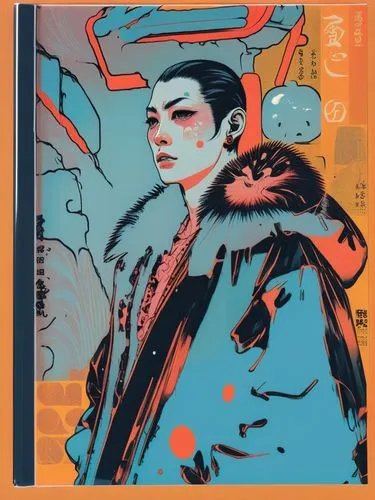 Japanese manga style,a woman with an orange and blue background is depicted in this abstract painting,zatoichi,nikkatsu,ukiyoe,kamuy,kuniyoshi,araki