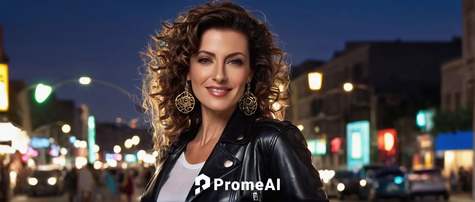 Darina Scotti, Italian supermodel, mature lady, 30s, standing, confident pose, one hand on hip, bright smile, glamorous makeup, curly brown hair, loose waves, natural lips, golden earrings, black leat