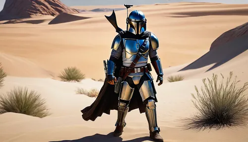 Mandalorian warrior, KOTOR era, T-visored helmet, beskar armor, blue and silver color scheme, cape, utility belt, blaster rifle, standing pose, confident expression, desert background, twin suns, Tato