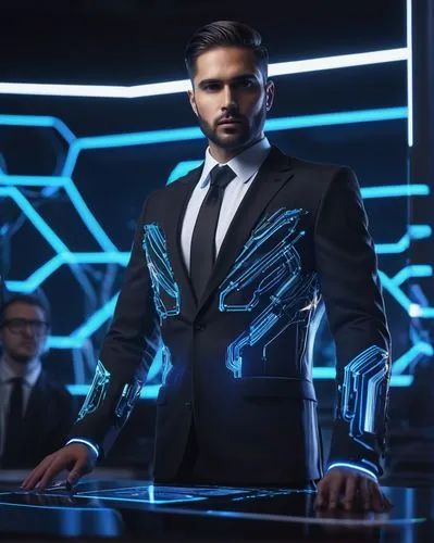 Futuristic AI lecturer, robotic body, glowing blue circuits, metallic limbs, advanced holographic display, sleek black jacket, white shirt, silver tie, lectern in front of a massive screen, futuristic