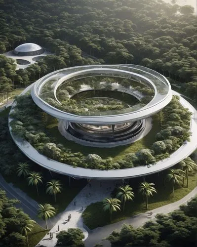  Architect Norman Foster from Foster and partners design organic circular station with tropical trees in the middle in space,spatial architecture, pioneer  project, architecture in space, clear detail