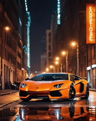 Lamborghini Aventador, sports car, orange body, glossy finish, intricate design details, carbon fiber texture, sleek wheels, low-angle shot, urban setting, city street, nighttime, neon lights reflecti