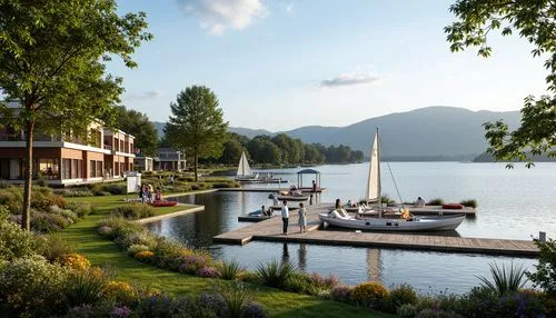 Luxurious lakefront hotel, serene water views, lush greenery, vibrant flowers, natural stone walkways, wooden docks, sailboats, kayaks, paddleboards, tranquil atmosphere, warm sunny day, soft gentle l